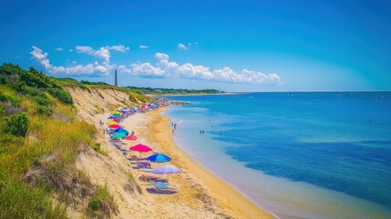 Obraz premium Experience the breathtaking beauty of Ptown's cliffs and beach under a brilliant blue sky