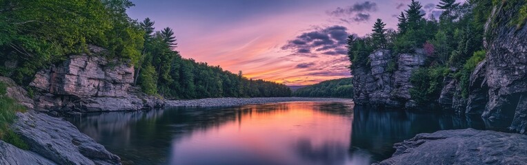 Obraz premium A serene sunset over tranquil waters reflecting vibrant colors at the edge of a lush forest