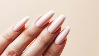 Elegant French Manicure Close-Up: Precision and Perfection on a Soft Beige Background