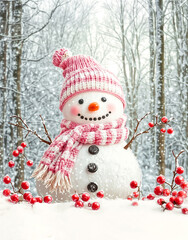 Cheerful Snowman Surrounded by Red Winter Berries