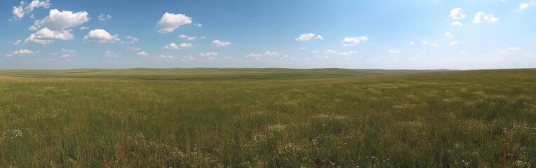 Obraz premium A breathtaking summer panorama of the expansive Konza Prairie under a clear blue sky revealing vibrant green grasslands