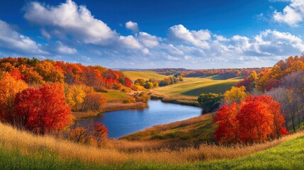 Breathtaking autumn panorama of Chippewa Valley showcasing vibrant foliage and serene waters under a bright blue sky