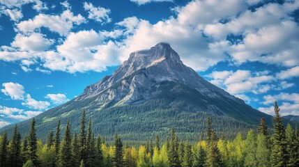 Obraz premium A rocky mountain peak shrouded in clouds, standing tall over a dense forest below.