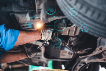 A mechanic repairs a vehicle's underside using advanced tools, with digital diagnostics and holographic icons highlighting automotive systems.