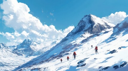 Hikers traverse a snowy mountain landscape under a bright blue sky during winter exploration