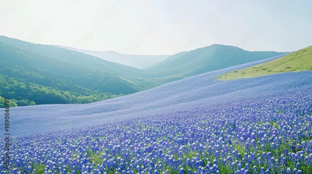 Poster vast fields of bluebonnets create a serene landscape in springtime, with rolling hills under a brigh