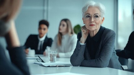 elderly woman manager holding a meeting with employees