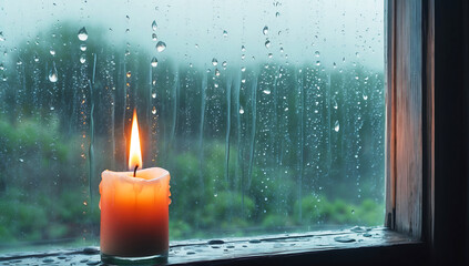 Cozy Atmosphere with Candlelight on a Rain-soaked Window