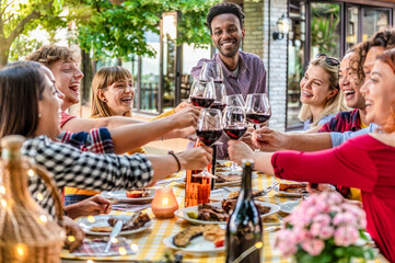 Obraz premium Guys and girls toasting drinking red wine at barbeque - Friends group having fun together at bar restaurant garden party - Young people enjoying harvest time having dinner at farm house vineyard