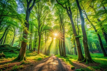 Fototapeta premium Hidden in the Leaves: A Serene Forest Scene Capturing Nature’s Beauty and Tranquility with Lush Greenery and Sunlight Filtering Through the Canopy, Evoking a Sense of Peace and Wonder