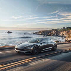 Naklejka premium electric sports car on a beachside highway