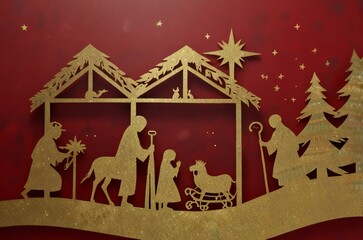 Naklejka premium christmas nativity scene with christmas tree