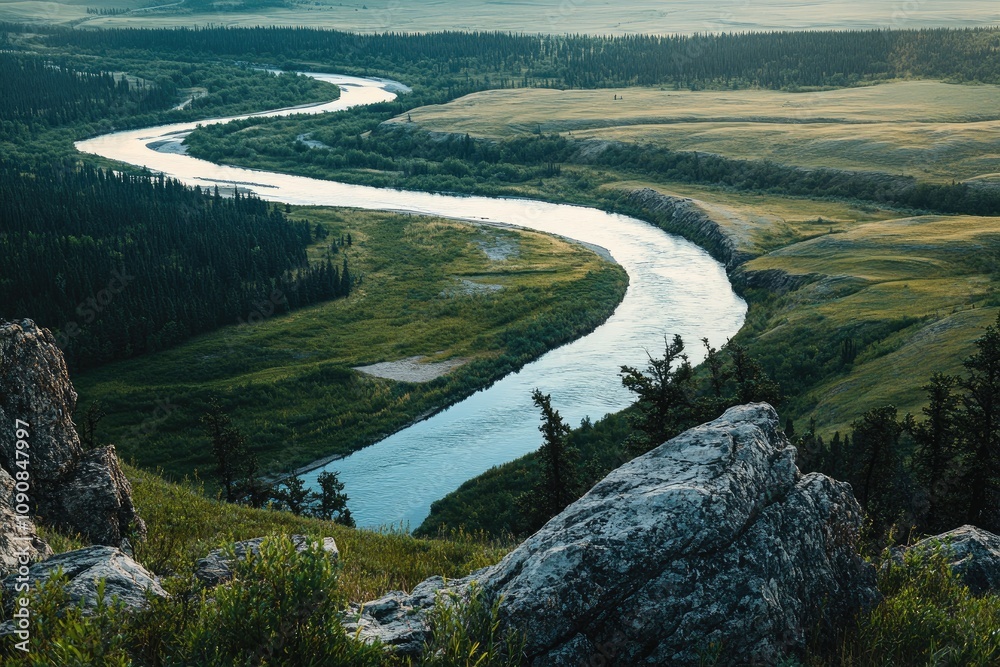 Poster Winding River Through Green Valley and Rocky Outcrop