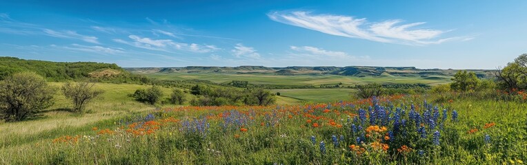 A tranquil view of blooming wildflowers in the Red River Valley under a clear blue sky during late spring