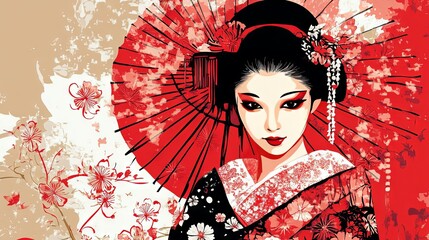 Elegant Japanese Woman in Kimono with Red Umbrella and Cherry Blossoms