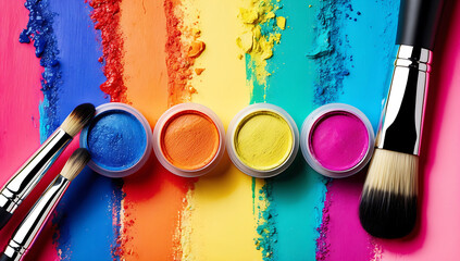 Vibrant Eyeshadow Colors with Brushes, Traces of Paint Highlighting the Creative Makeup Process