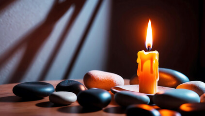 Cozy Candlelight. Warm Glow Illuminating Stones in a Meditative Dark Room