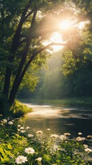 Fototapeta premium Sunlight illuminates the Brandywine River surrounded by lush greenery and wildflowers during a tranquil morning