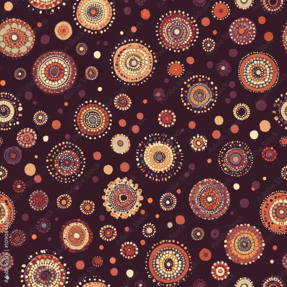 Poster Seamless intricate pattern with colorful circular designs on a dark background, perfect for fabric and wallpaper applications
