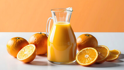 Freshly Squeezed Orange Juice. Vibrant Pitcher Surrounded by Whole and Sliced Oranges