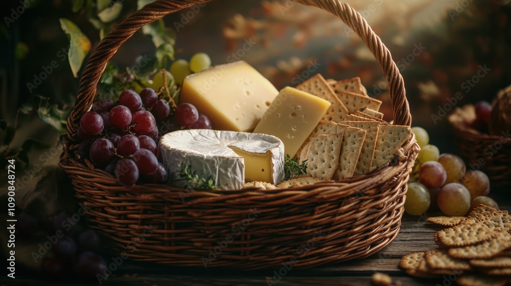 Poster a rustic wicker basket overflowing with fresh cheeses, crackers, and grapes set against a warm, invi