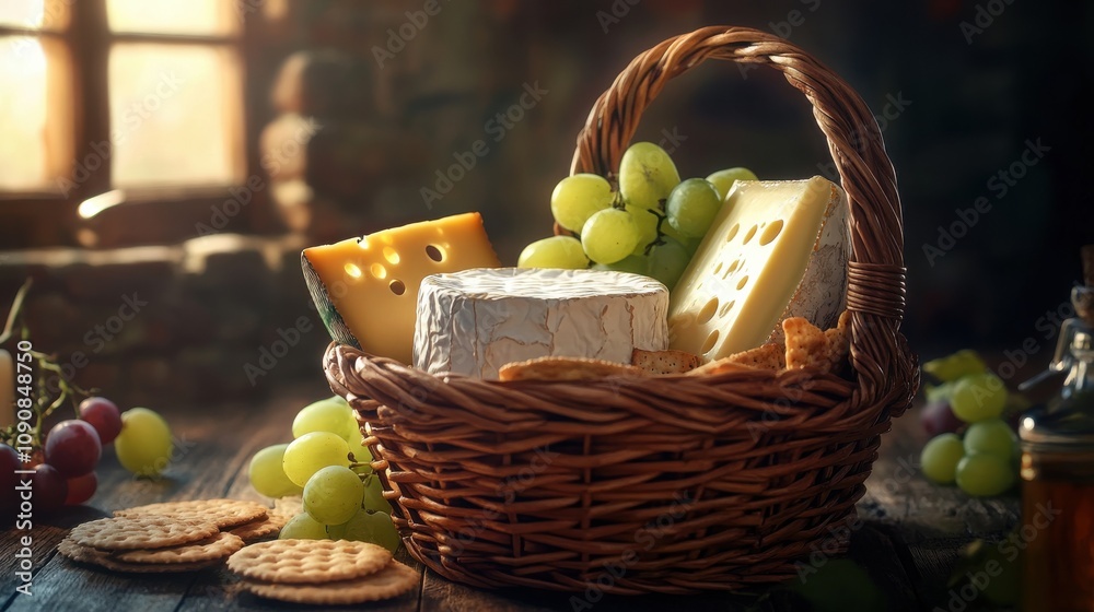 Poster a rustic wicker basket filled with assorted cheeses, crackers, and fresh grapes on a wooden table by
