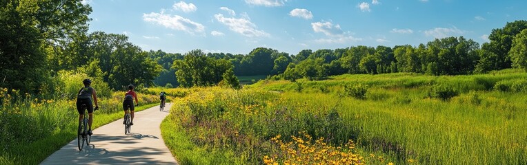Obraz premium Bicyclists enjoy a sunny day on the Katy Trail surrounded by lush greenery and wildflowers in mid-spring