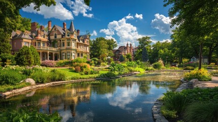 Fototapeta premium Charming view of a historic town with beautiful architecture and tranquil gardens on a sunny day