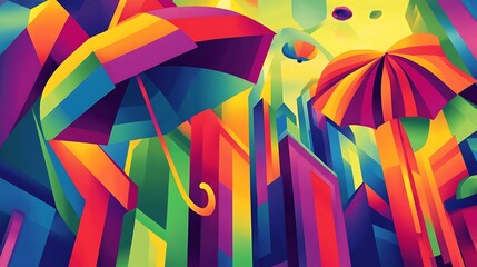 Vibrant Rainbow Umbrellas Abstract Geometric Cityscape