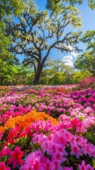 Fototapeta premium A vibrant display of blooming azaleas under a clear blue sky in a tranquil garden setting during springtime