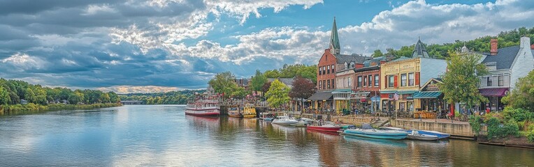 Naklejka premium A beautiful view of the riverside town featuring historic buildings, colorful boats, and a peaceful atmosphere during a sunny day