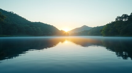 Obraz premium Serene Sunrise over Calm Lake and Mountains