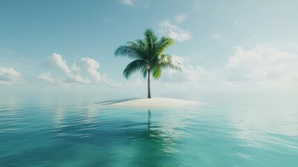 A small island with a solitary palm tree surrounded by crystal-clear water.