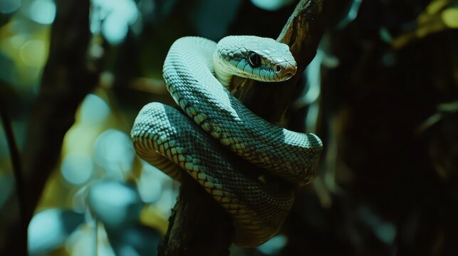 A snake coiled around a branch in the shadows of a dense forest.