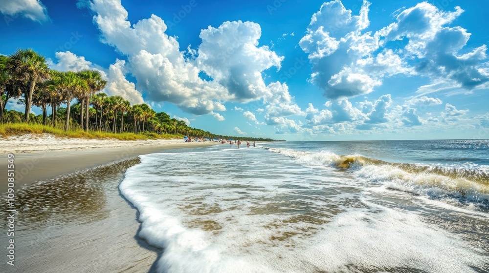 Poster a sunny day on the sandy shores with gentle waves and vibrant clouds in a serene coastal setting