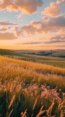 Golden fields of prairie grass under a vibrant sunset sky in a tranquil rural setting