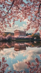 Obraz premium The Parthenon reflected in tranquil waters surrounded by vibrant cherry blossoms in springtime Athens