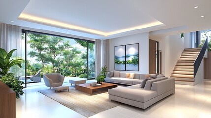 Obraz premium Stunning Minimalist Living Room with Geometric Furniture and Indoor Greenery Accents