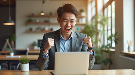 Young Man Celebrates Achievement in Modern Office Setting During Daytime