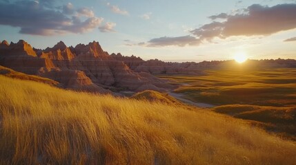 Golden grasses sway gently as the sun sets over the striking formations of Badlands National Park in South Dakota during a tranquil evening