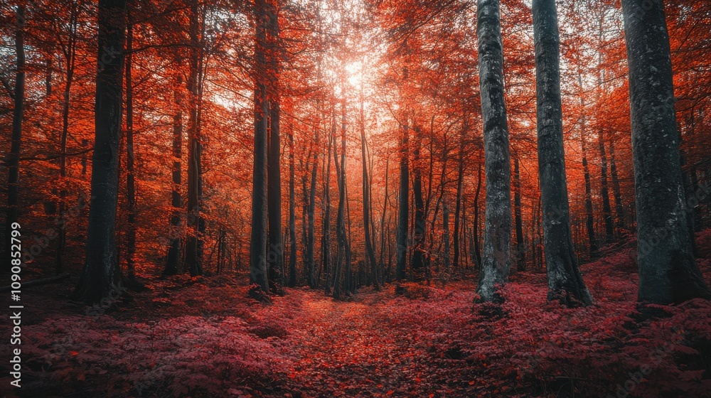 Aufkleber autumn forest with vibrant red and orange leaves creating a serene atmosphere in the woods during th