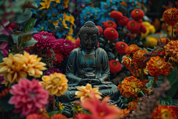Fototapeta premium Beautiful greeting card with ancient statue great Buddha to bright holiday composition
