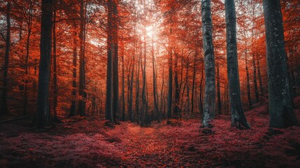 Fototapeta premium Autumn forest with vibrant red and orange leaves creating a serene atmosphere in the woods during the fall season