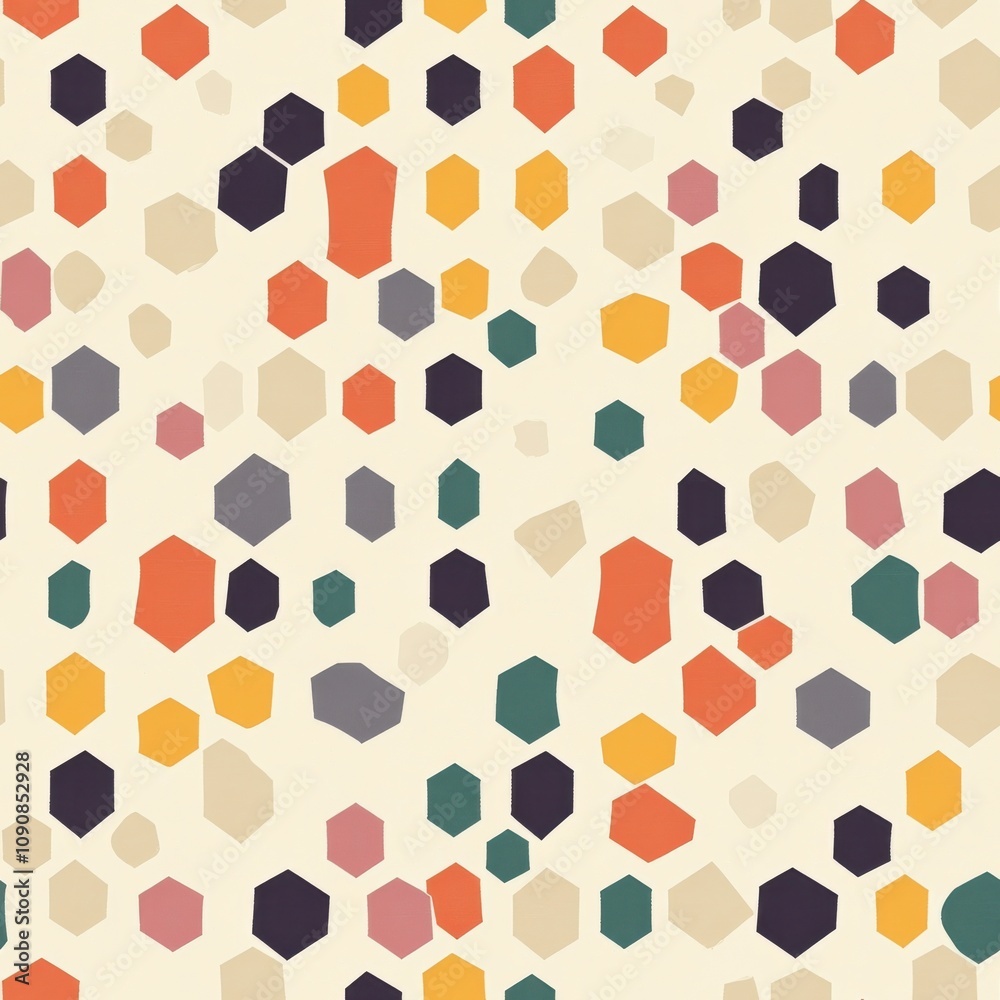 Poster Geometric shapes pattern featuring colorful hexagons and circles on a light background ideal for modern design applications