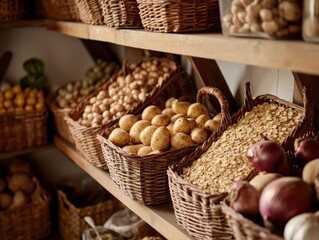 A cozy pantry filled with baskets of fresh produce and grains, showcasing organic vegetables and whole foods in a rustic setting