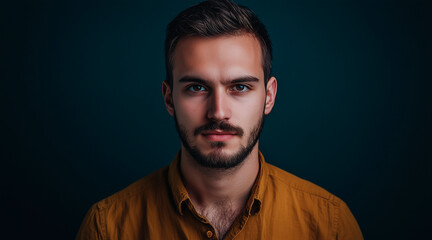 Fototapeta premium happy, studio portrait of a man in his 30s, front mugshot, looking at the camera, facing the camera straight ahead, random clothes. color style