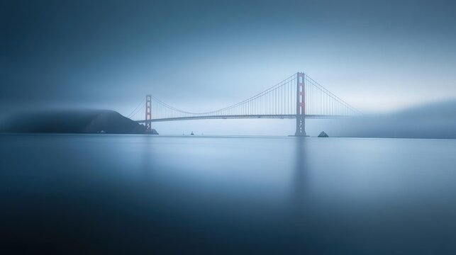 A misty morning view of the Golden Gate Bridge standing elegantly over the calm waters of the bay