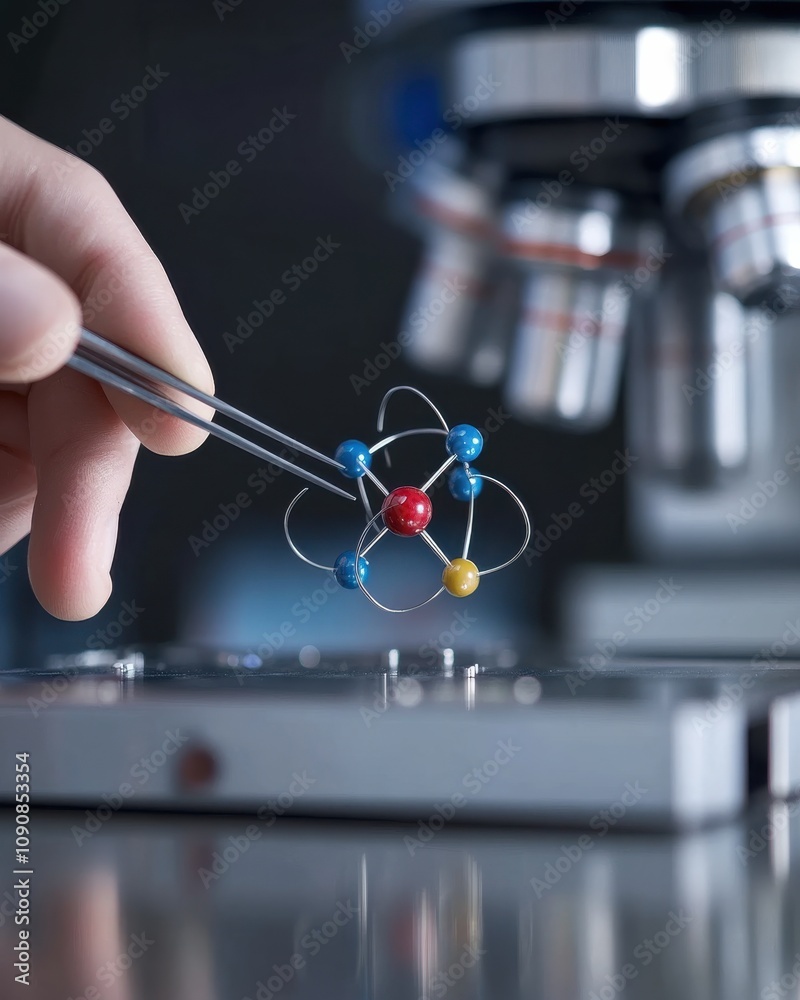 Aufkleber a scientist's hand carefully holds a model of an atom while working in a laboratory setting under a 