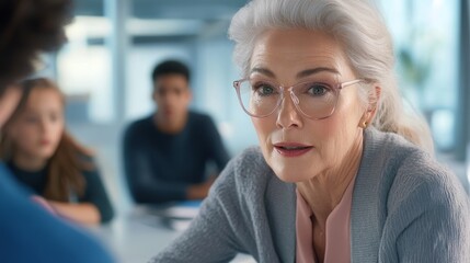 elderly woman manager holding a meeting with employees