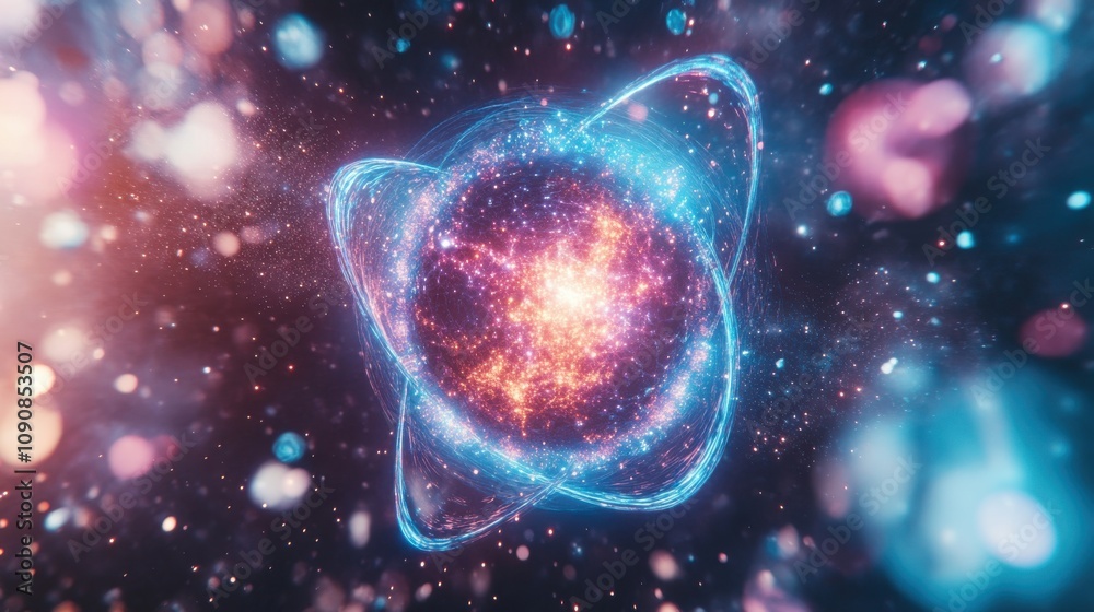 Poster an intricate depiction of an atom surrounded by vibrant swirling energy in a cosmic environment at d